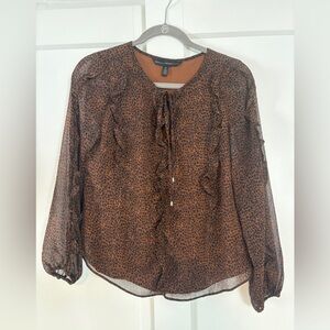 White House Black Market brown and black animal print ruffle blouse Small Petite